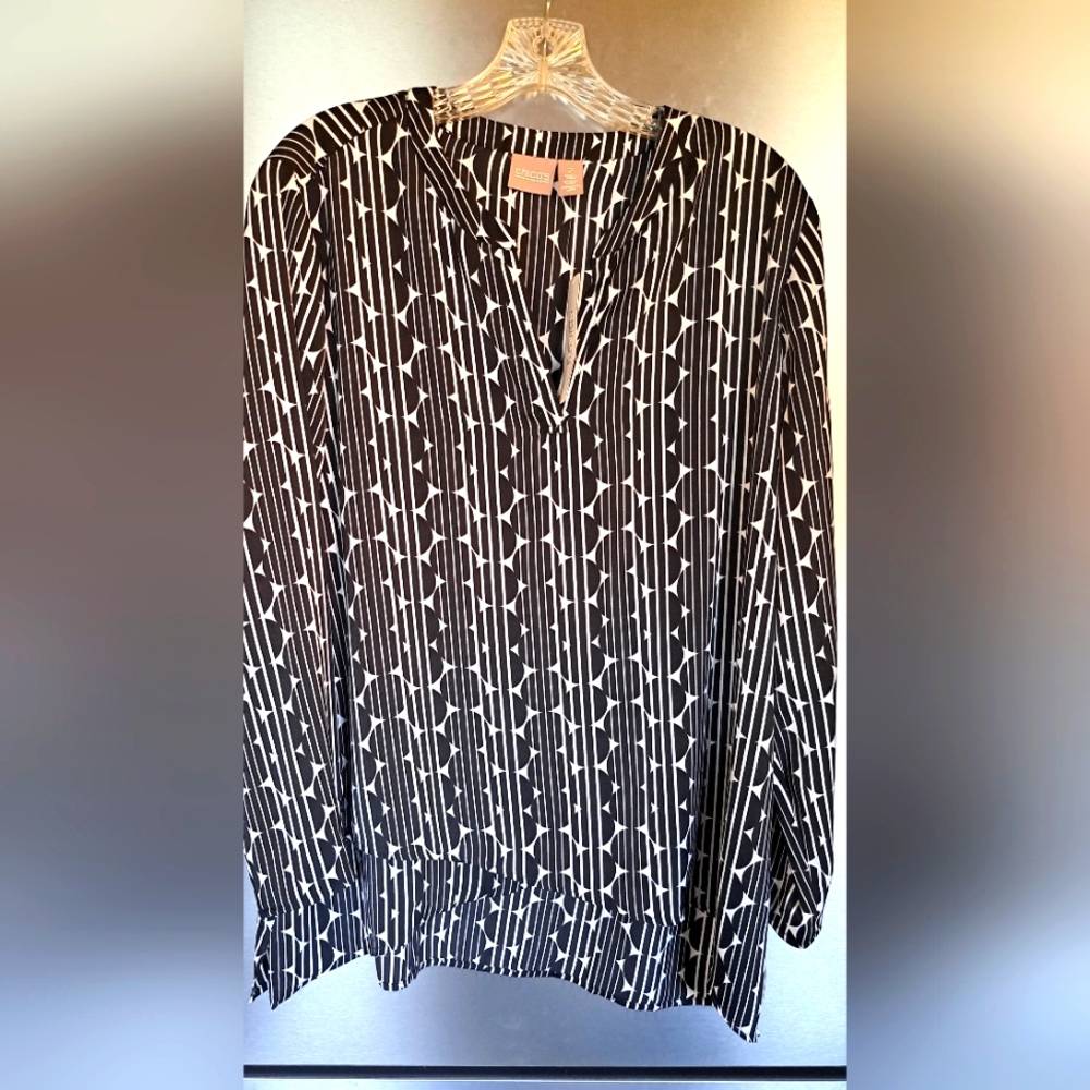 New Chico's Popover Blouse 2 (Large) Black White Print Layered Asymmetrical Hem